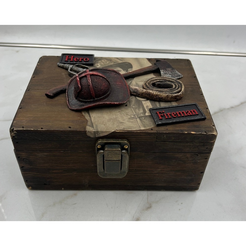 Vintage Style Wooden Fireman Hero Keepsake Box 3D Firefighter Decor Memory Chest